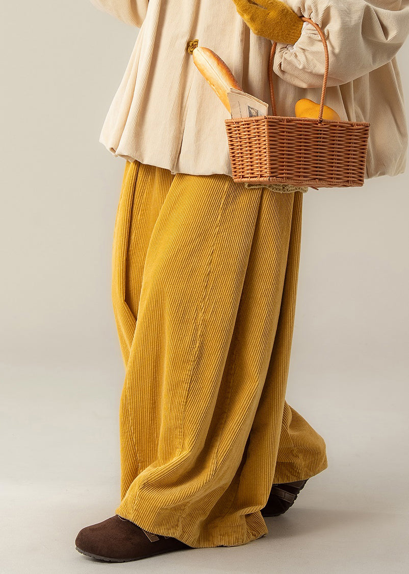Classy Yellow High Waist Solid Corduroy Wide Leg Pants