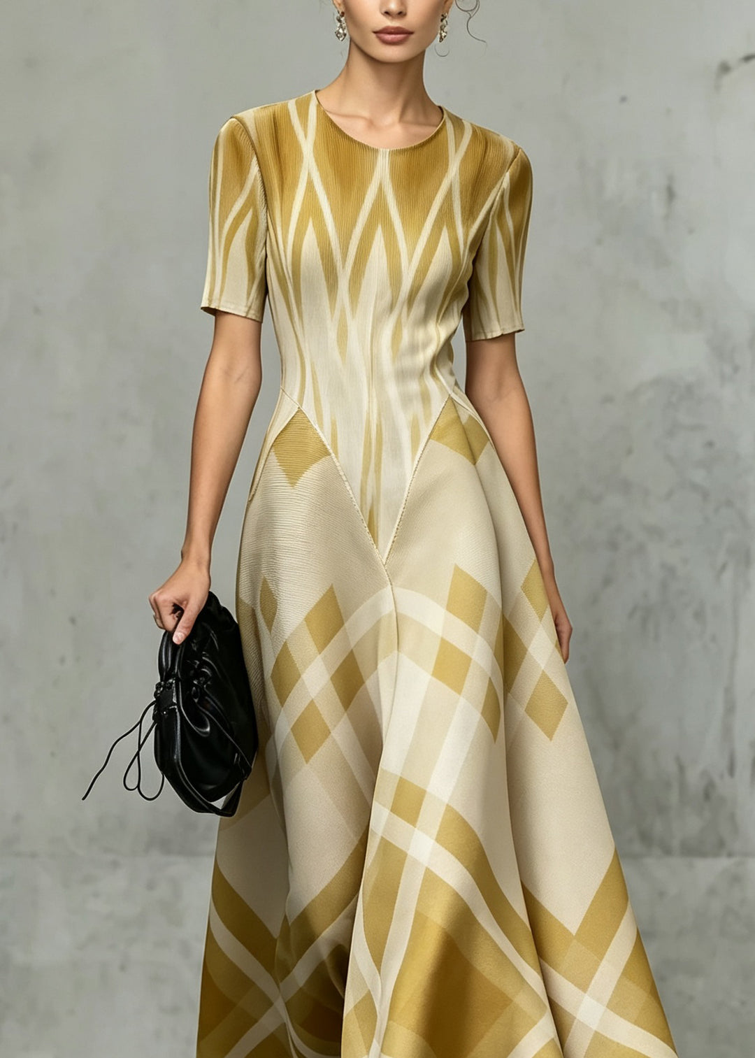 Classy Yellow O Neck Plaid Patchwork Ankle Dress Summer