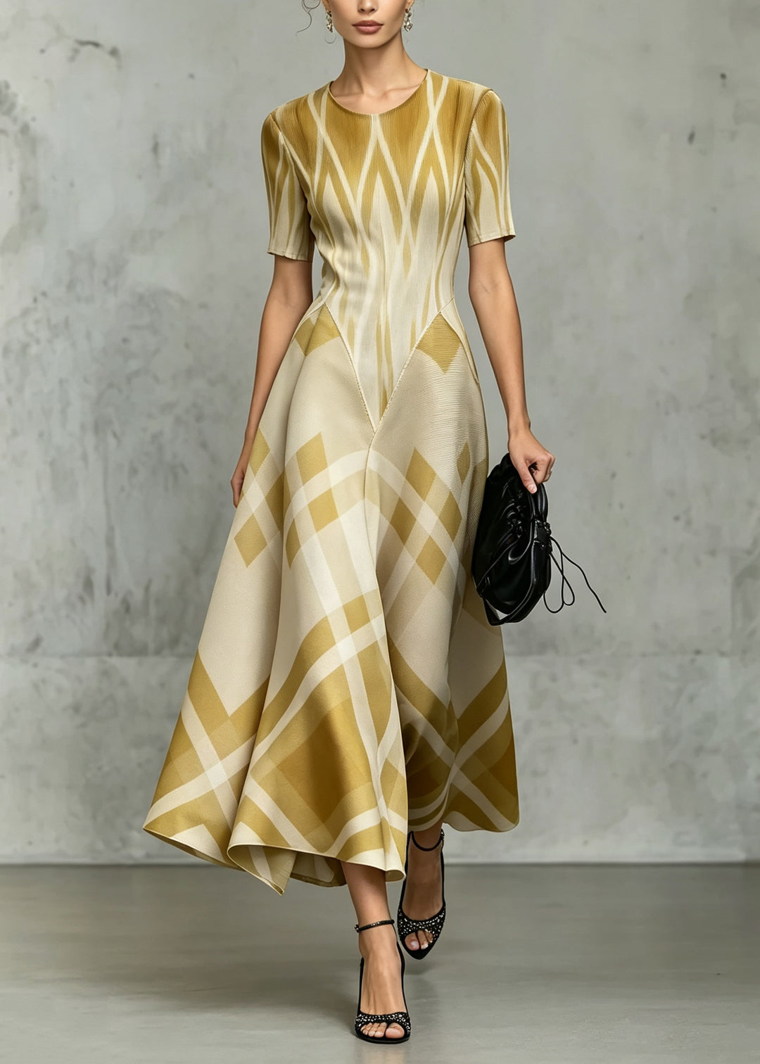 Classy Yellow O Neck Plaid Patchwork Ankle Dress Summer