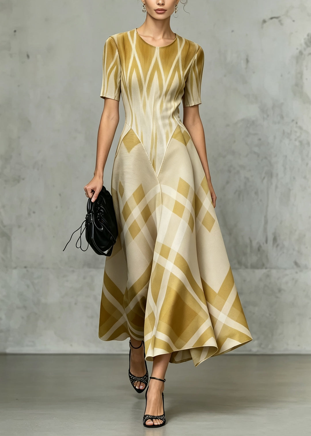 Classy Yellow O Neck Plaid Patchwork Ankle Dress Summer