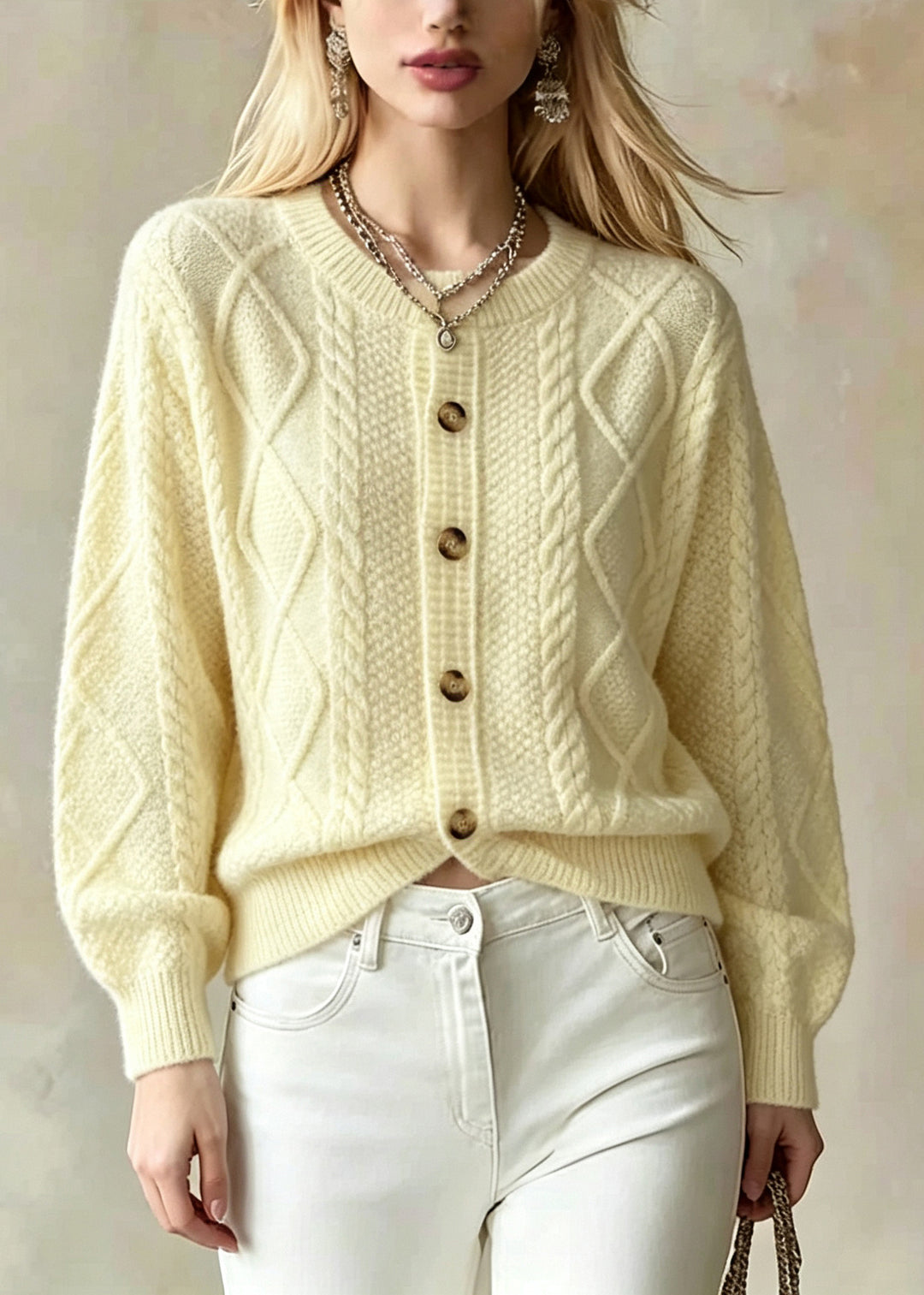 Classy Yellow O-Neck Warm Knit Cardigans Fall
