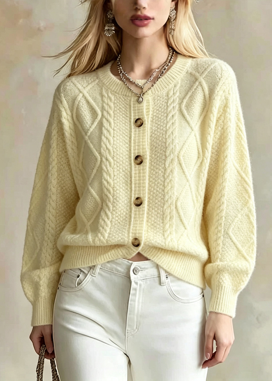 Classy Yellow O-Neck Warm Knit Cardigans Fall