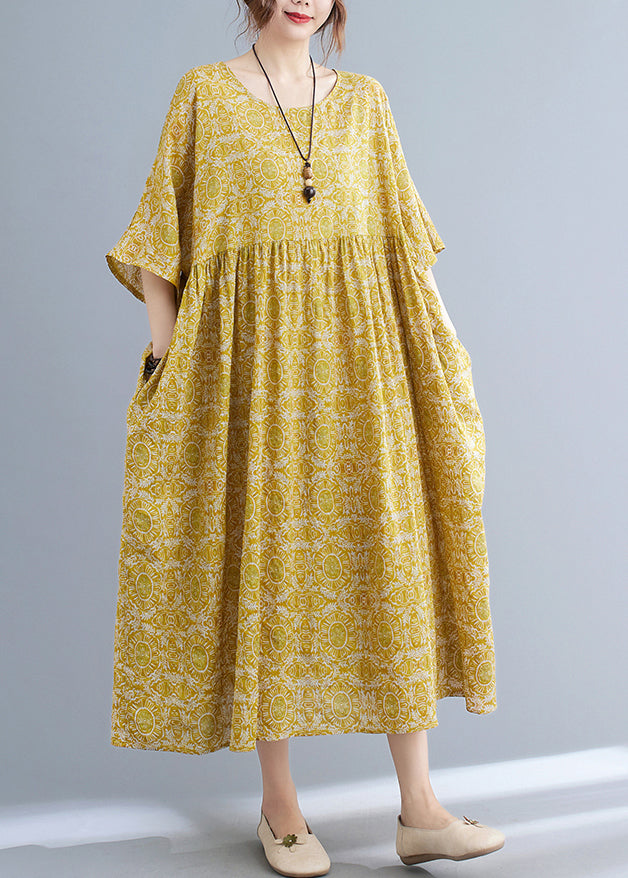 Classy Yellow Patchwork Wrinkled Maxi Dress Half Sleeve