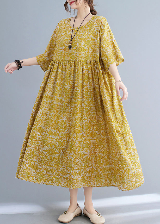 Classy Yellow Patchwork Wrinkled Maxi Dress Half Sleeve