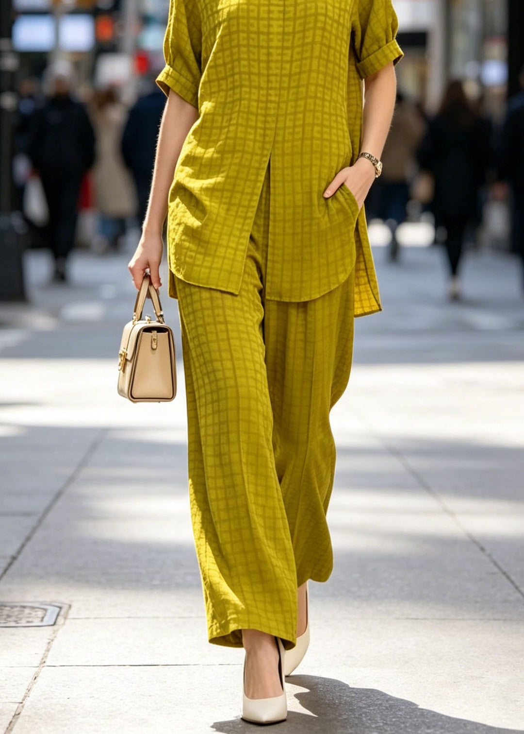 Classy Yellow Peter Pan Collar Plaid Silk Two Piece Set Summer