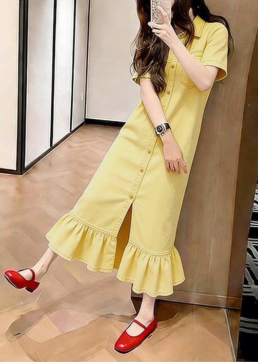 Classy Yellow Ruffled Patchwork Denim Maxi Dresses Summer
