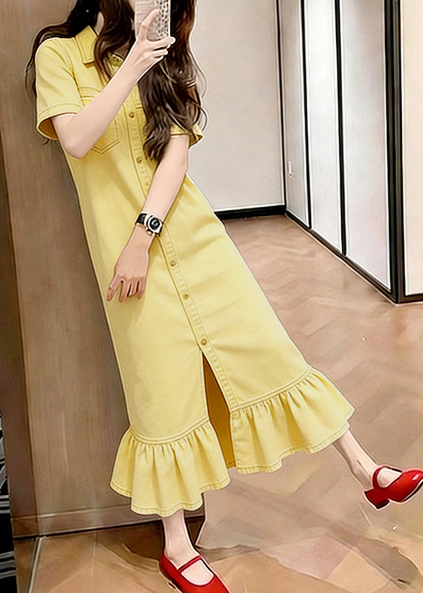 Classy Yellow Ruffled Patchwork Denim Maxi Dresses Summer
