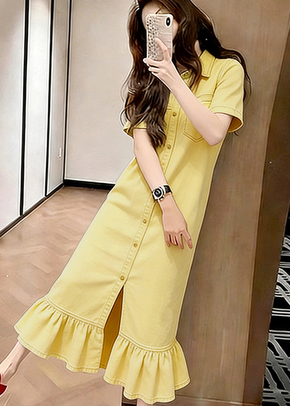 Classy Yellow Ruffled Patchwork Denim Maxi Dresses Summer