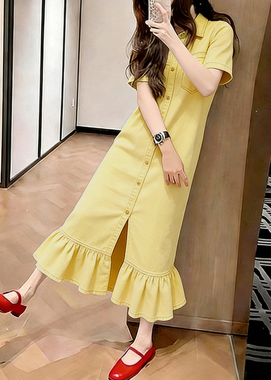 Classy Yellow Ruffled Patchwork Denim Maxi Dresses Summer