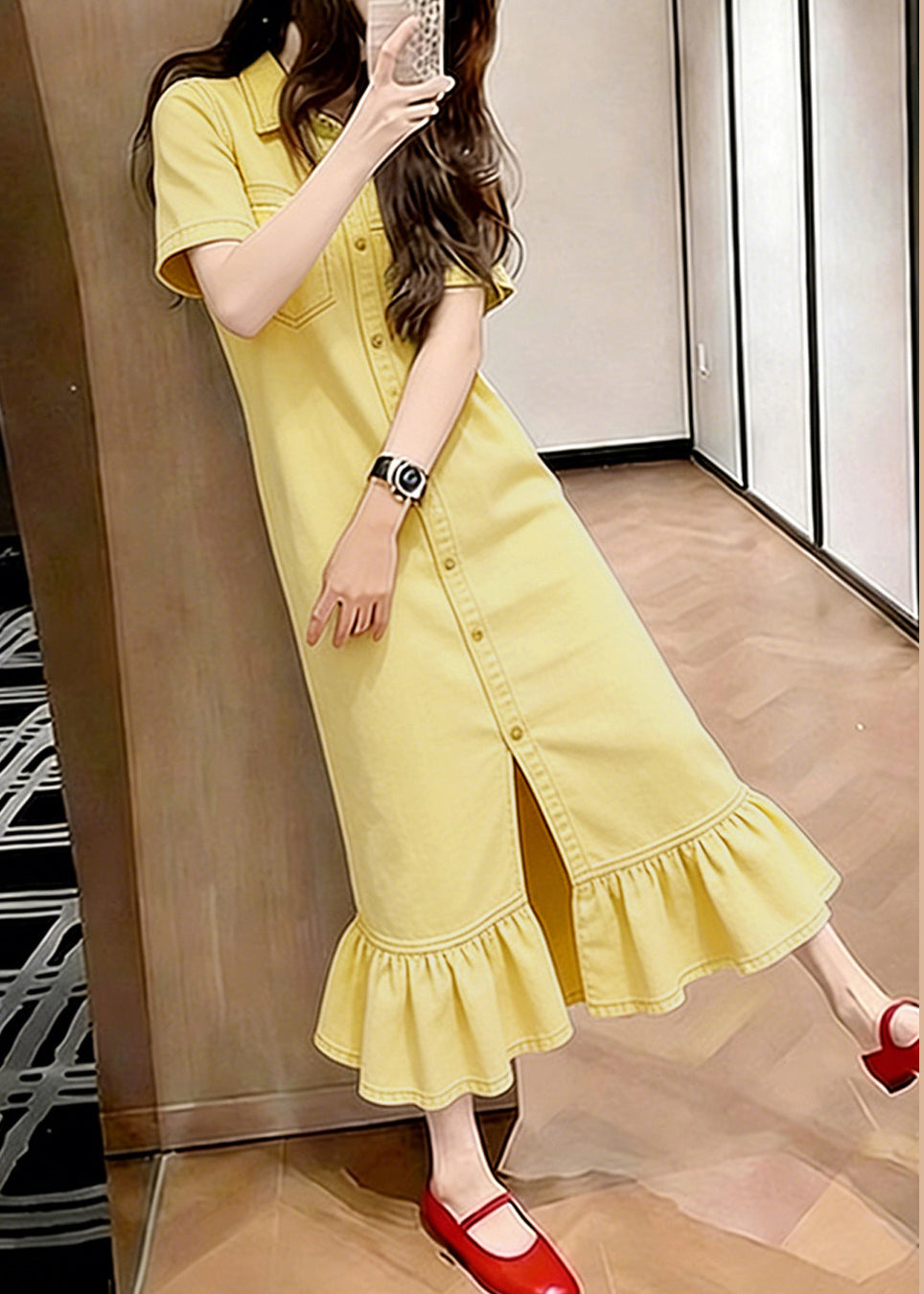 Classy Yellow Ruffled Patchwork Denim Maxi Dresses Summer