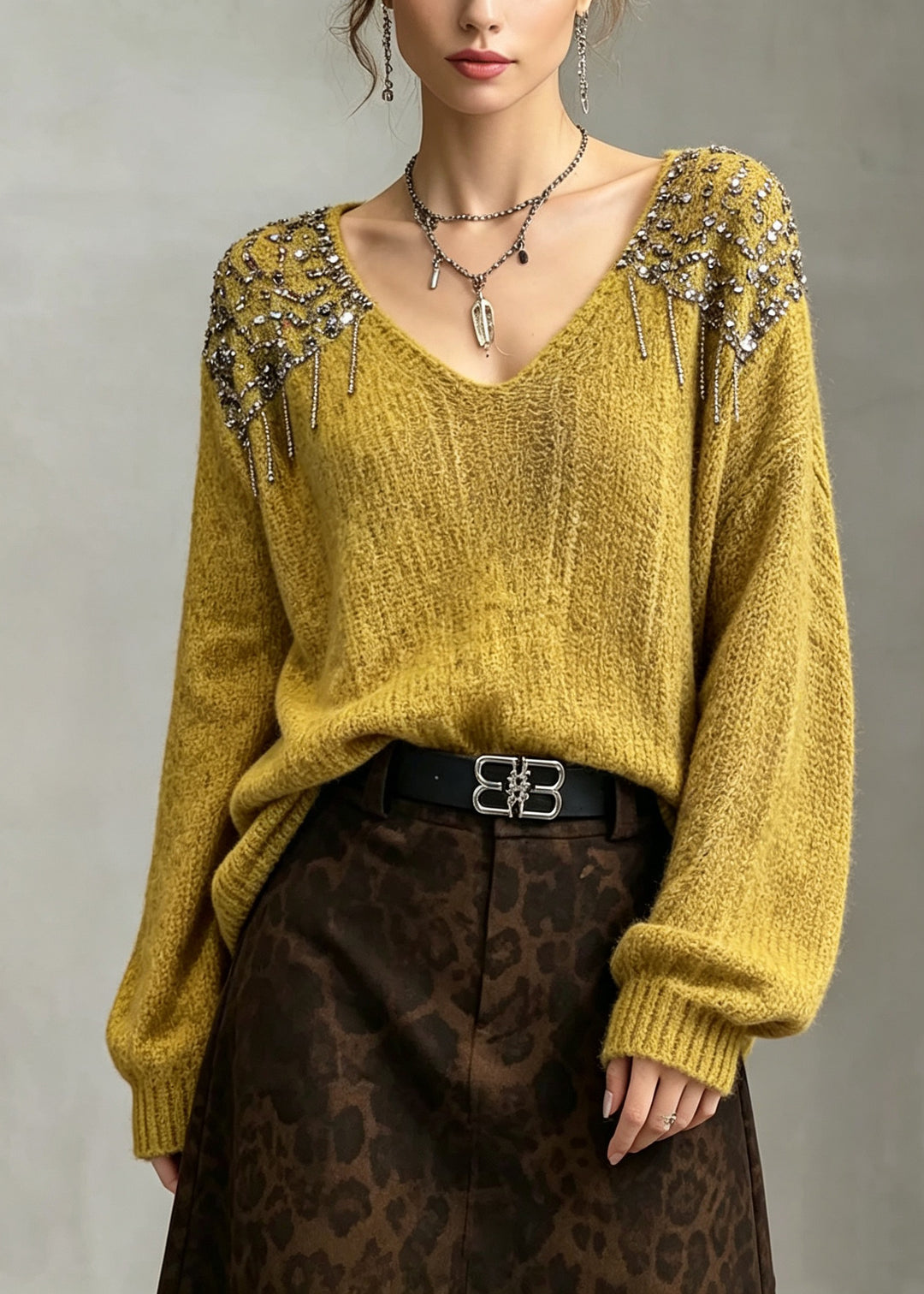 Classy Yellow V Neck Nail Bead Sequins Thick Knit Pullover Fall