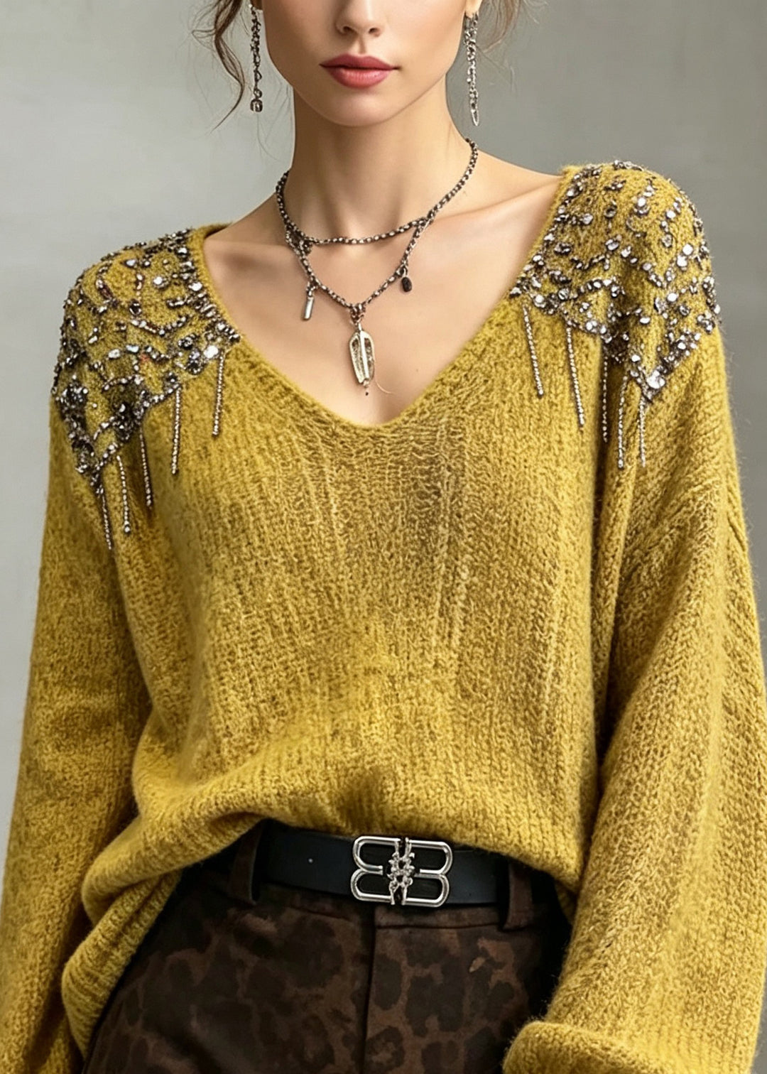 Classy Yellow V Neck Nail Bead Sequins Thick Knit Pullover Fall