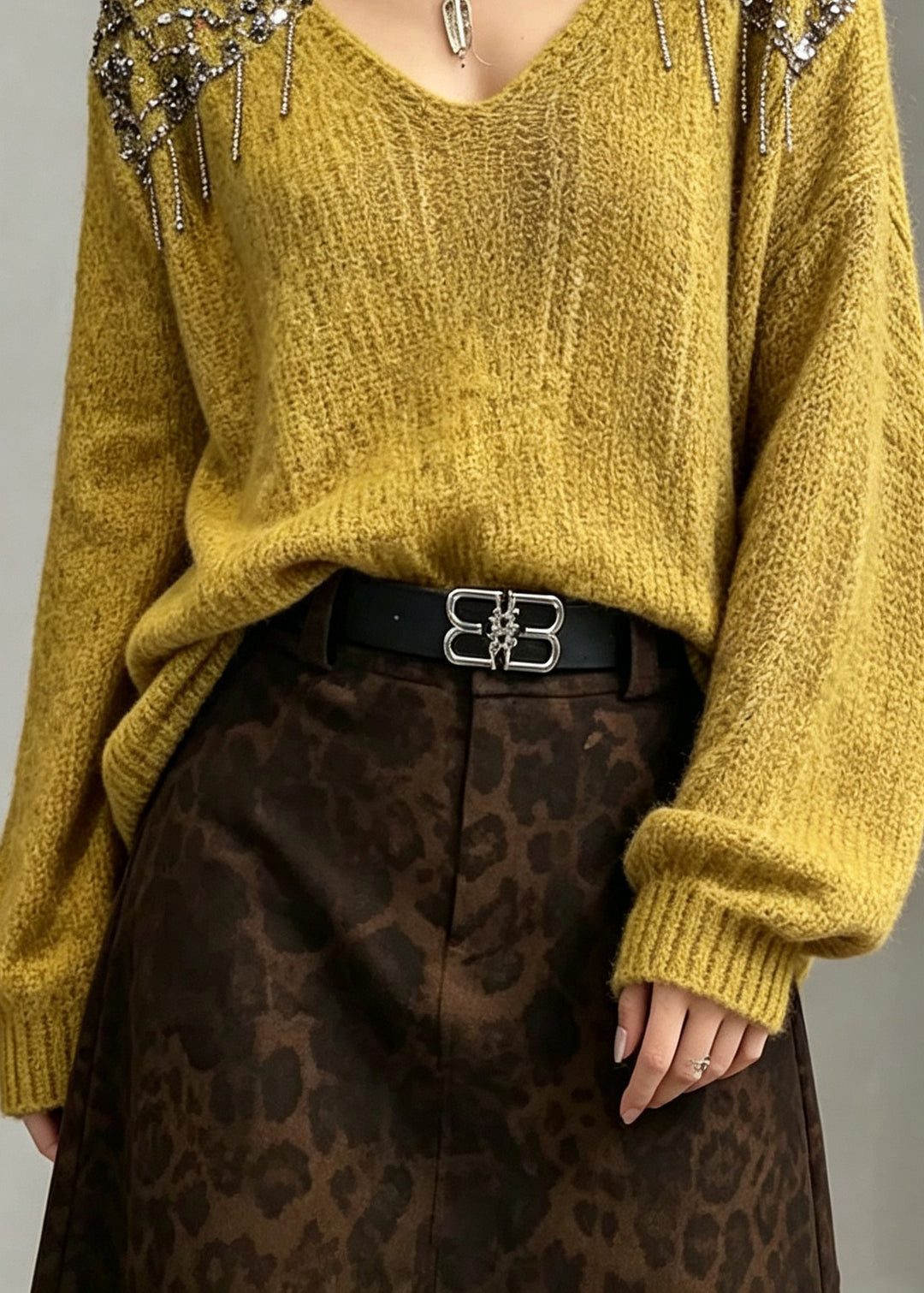 Classy Yellow V Neck Nail Bead Sequins Thick Knit Pullover Fall