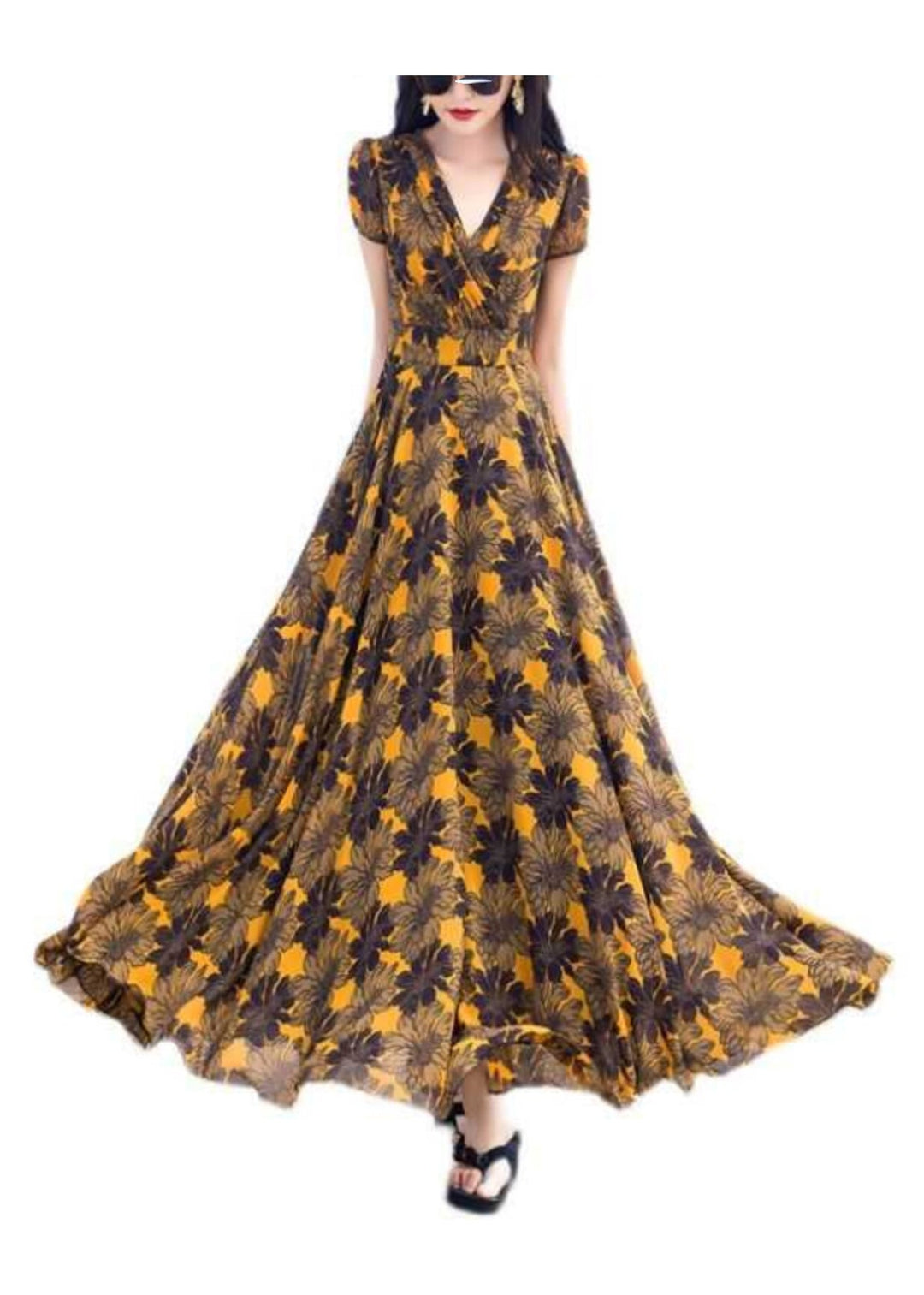 Classy Yellow V Neck Print Wrinkled Chiffon Dress Summer