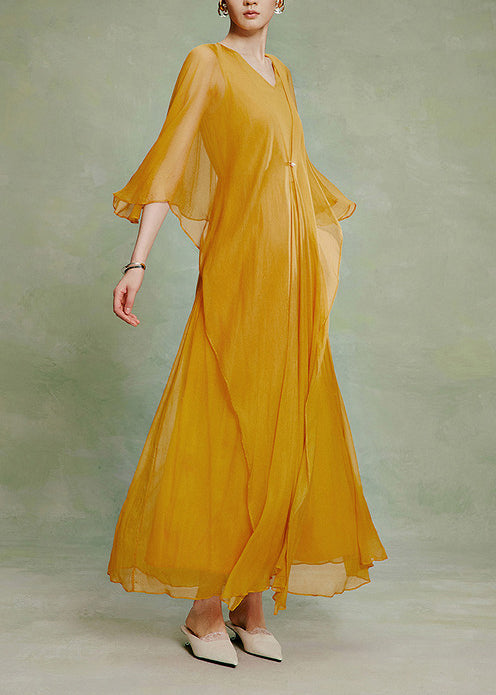 Classy Yellow V Neck Shawl Maxi Dress Fall