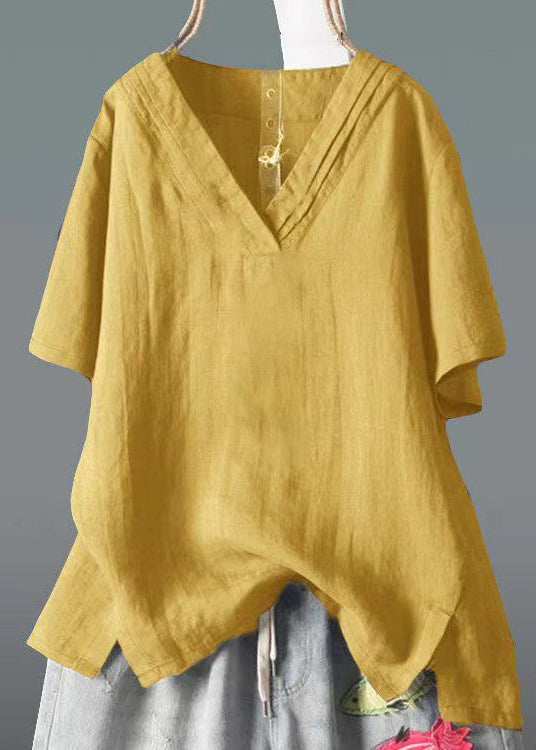 Classy Yellow V Neck Side Open Linen Shirt Top Summer