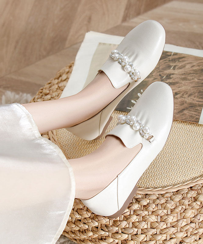 Classy Zircon Pearl Splicing Flat Shoes Beige Cowhide Leather