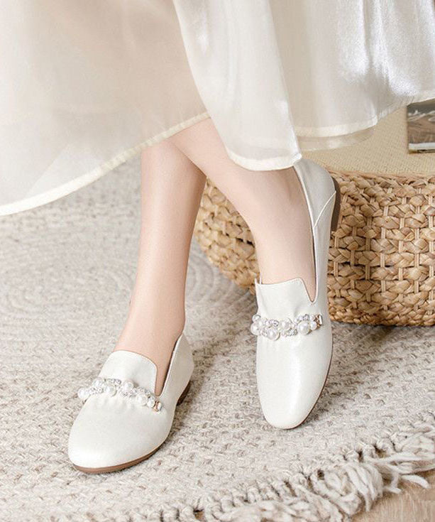 Classy Zircon Pearl Splicing Flat Shoes Beige Cowhide Leather