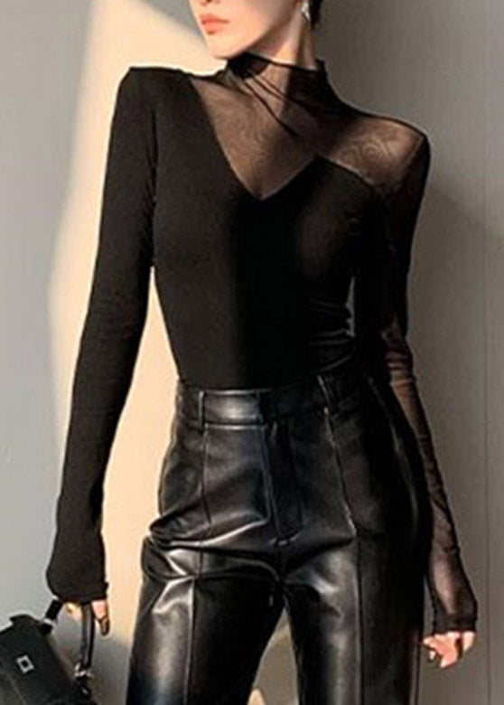 Club Black Turtleneck Patchwork Hollow Out Tulle Top Spring
