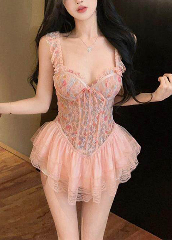 Club Pink V-Neck Lace Slips Lingerie Sets