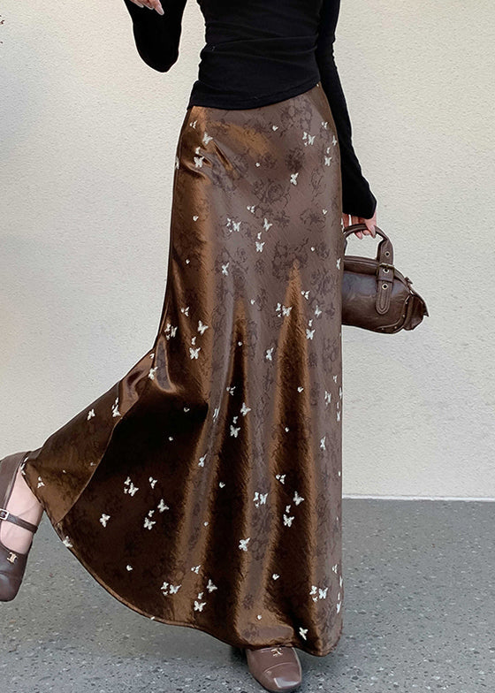 Coffee Butterfly Print Silk Skirt High Waist