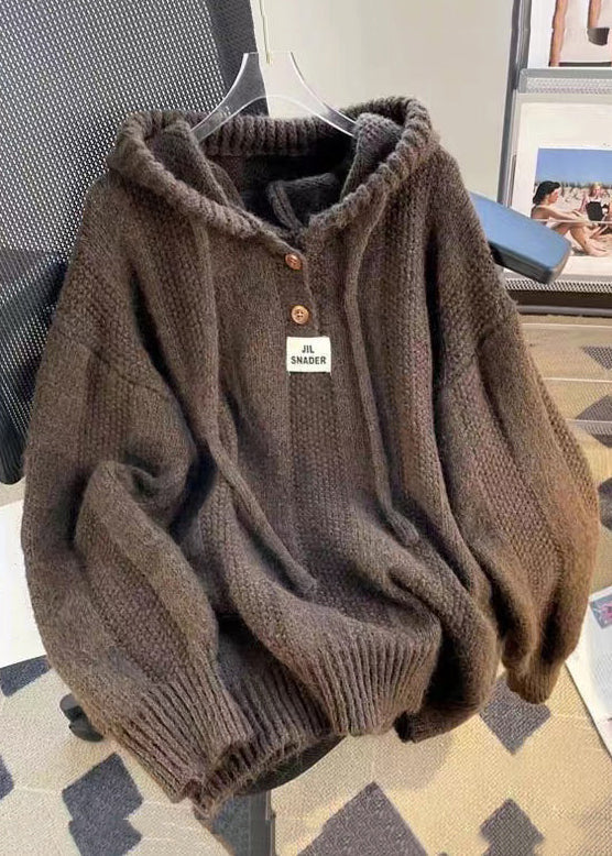 Coffee Button Lace Up Cotton Knit Tops Hooded Long Sleeve - Omychic