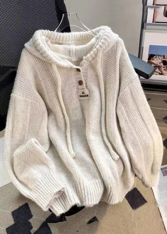 Coffee Button Lace Up Cotton Knit Tops Hooded Long Sleeve - Omychic