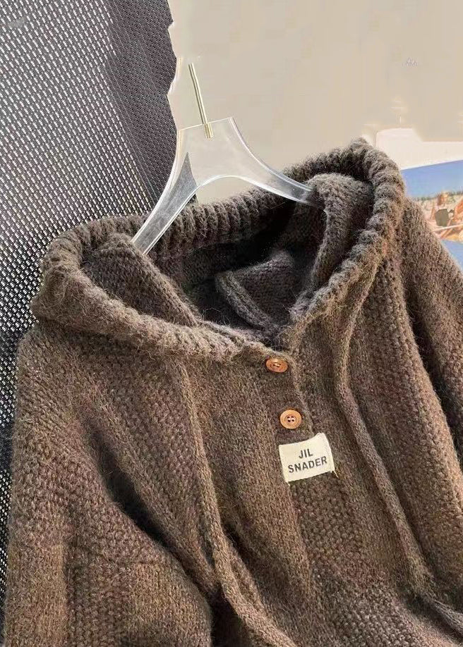 Coffee Button Lace Up Cotton Knit Tops Hooded Long Sleeve - Omychic