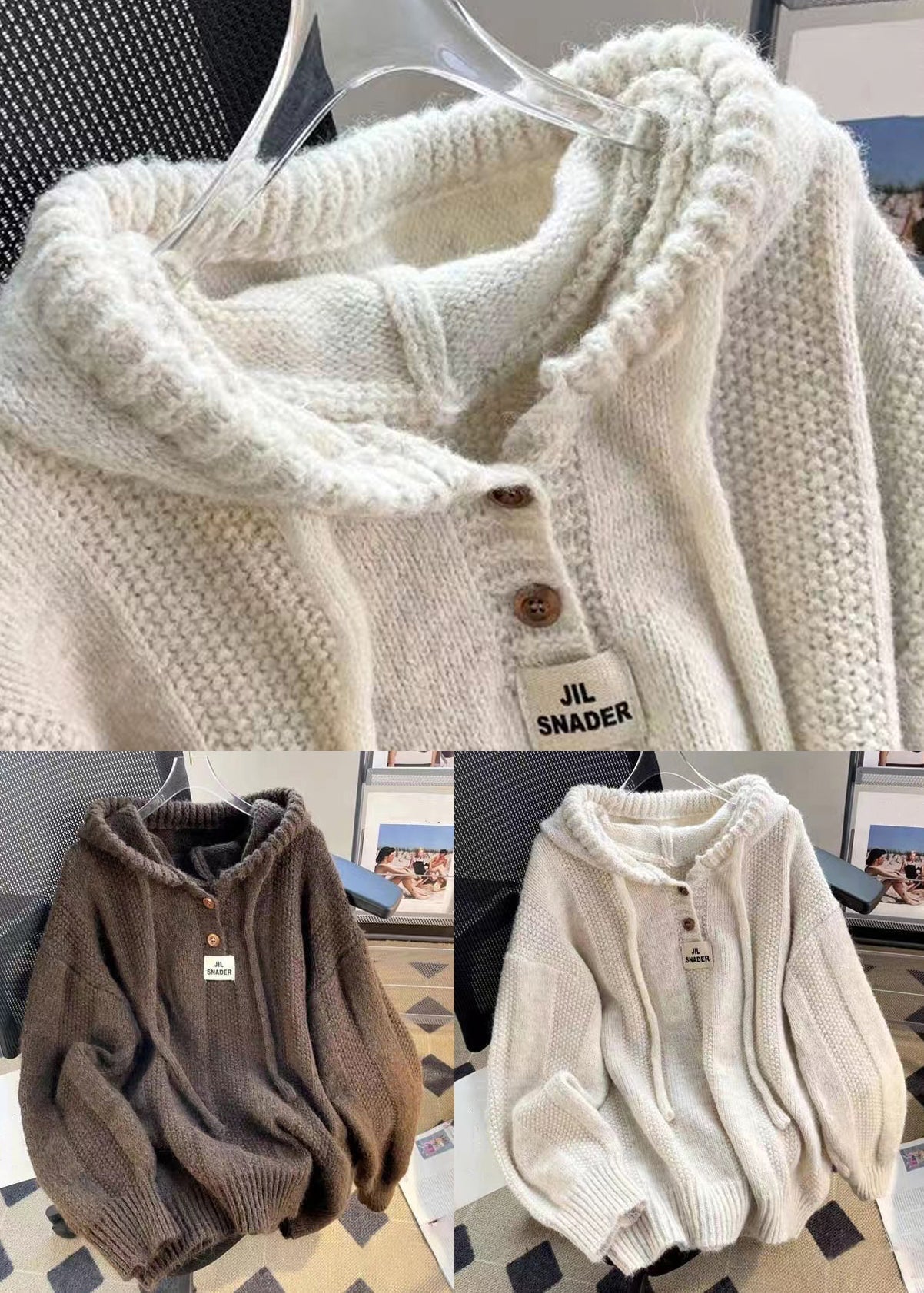 Coffee Button Lace Up Cotton Knit Tops Hooded Long Sleeve - Omychic