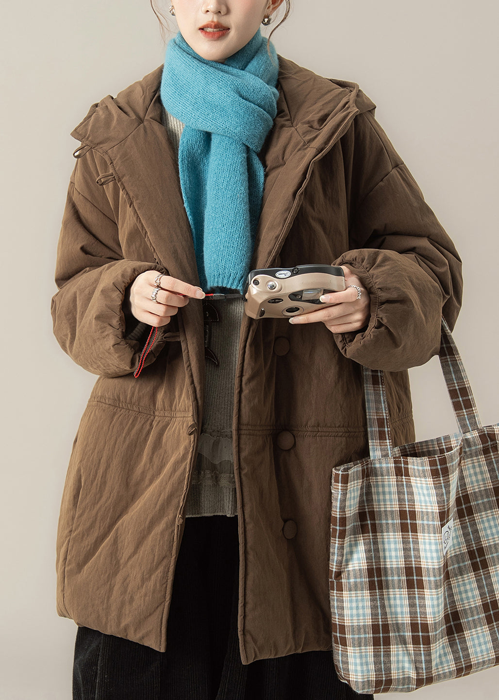 Coffee Button Patchwork Solid Hooded Parka Winter