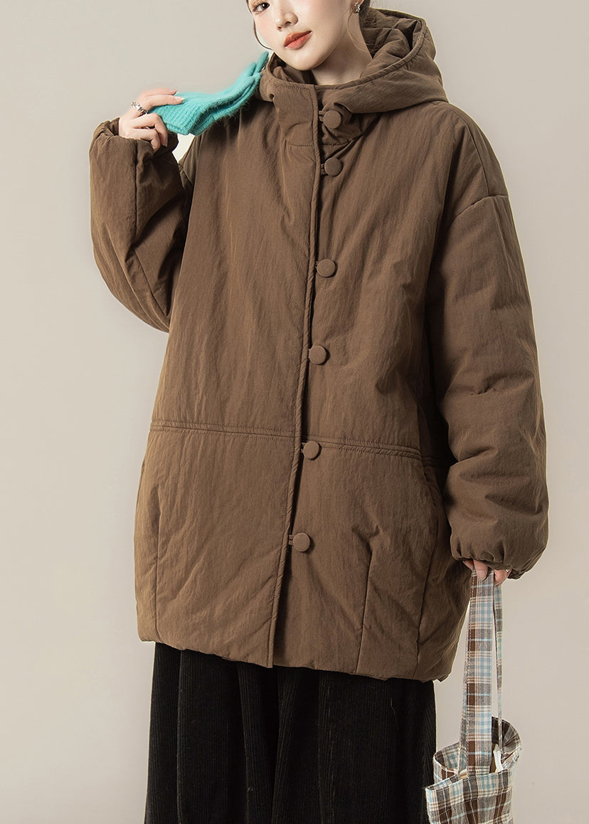 Coffee Button Patchwork Solid Hooded Parka Winter