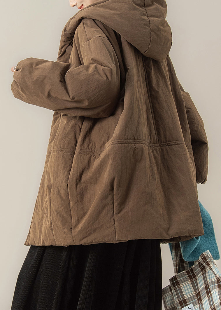 Coffee Button Patchwork Solid Hooded Parka Winter