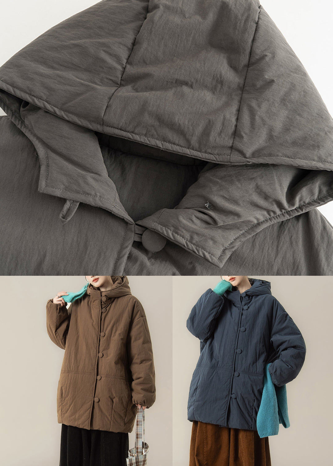 Coffee Button Patchwork Solid Hooded Parka Winter