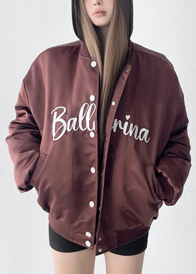 Coffee Button Pockets Cotton Filled Parkas Embroidered