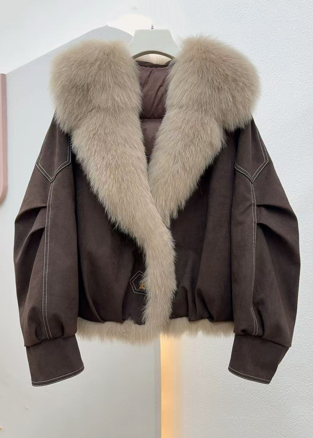 Coffee Button Pockets Solid Fine Cotton Fur Collar