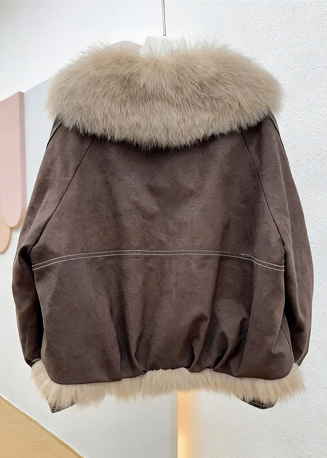 Coffee Button Pockets Solid Fine Cotton Fur Collar