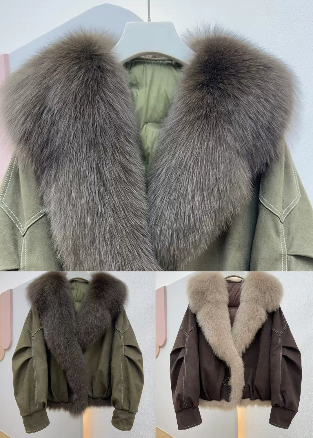 Coffee Button Pockets Solid Fine Cotton Fur Collar