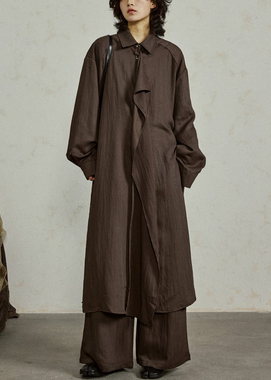 Coffee Button Side Open Cotton Long Shirt Coats Ruffled