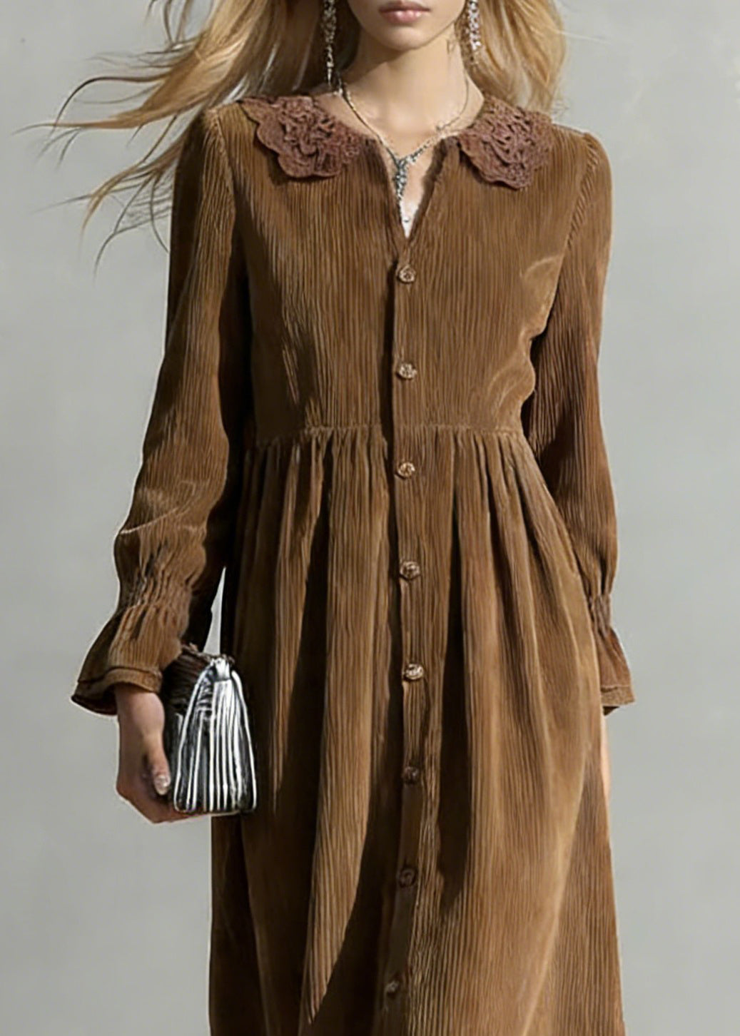 Coffee Button Solid Oversized Corduroy Shirts Dress Peter Pan Collar - Omychic