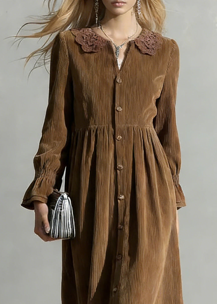 Coffee Button Solid Oversized Corduroy Shirts Dress Peter Pan Collar - Omychic
