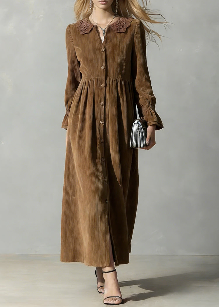 Coffee Button Solid Oversized Corduroy Shirts Dress Peter Pan Collar - Omychic