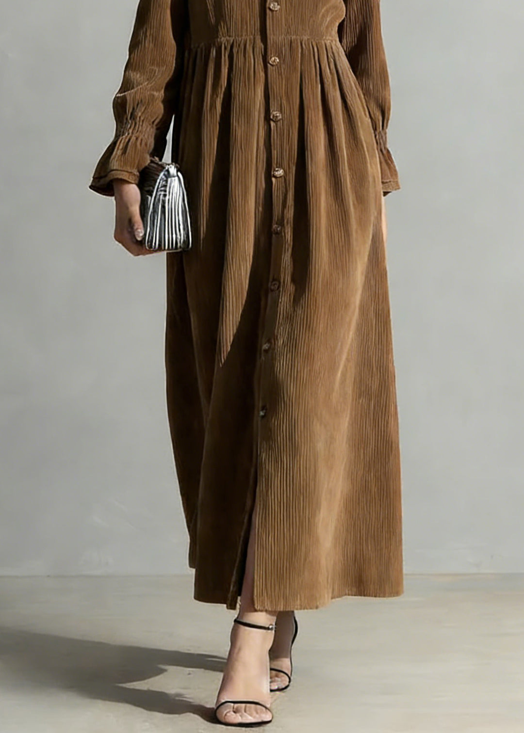 Coffee Button Solid Oversized Corduroy Shirts Dress Peter Pan Collar - Omychic