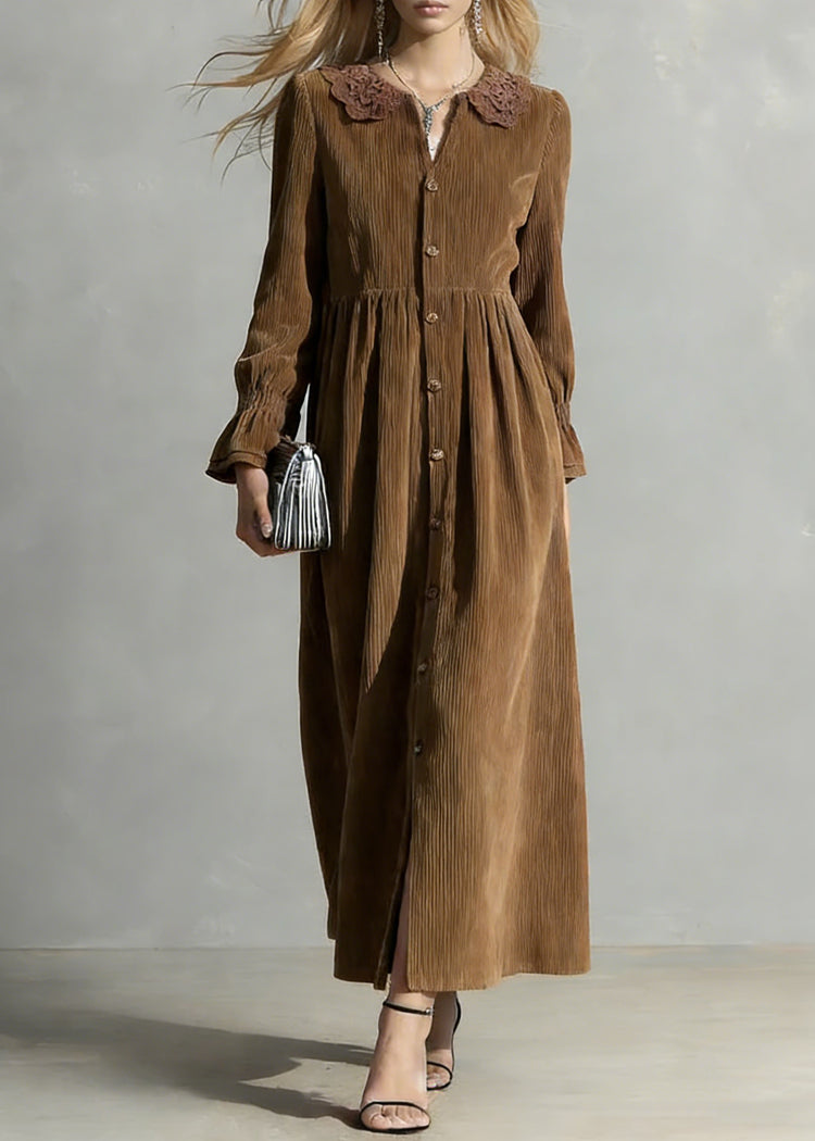 Coffee Button Solid Oversized Corduroy Shirts Dress Peter Pan Collar - Omychic