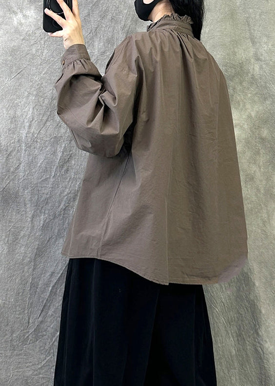 Coffee Casual Cotton Shirt Tops Ruffled Button Fall