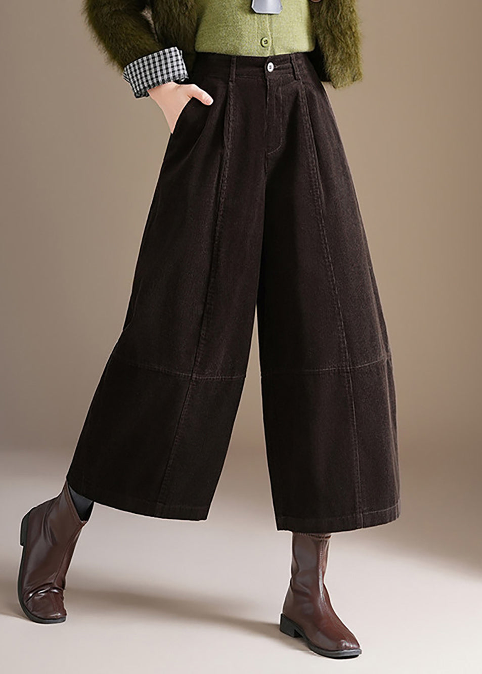 Coffee Corduroy Wide Leg Crop Pants Pockets High Waist Fall