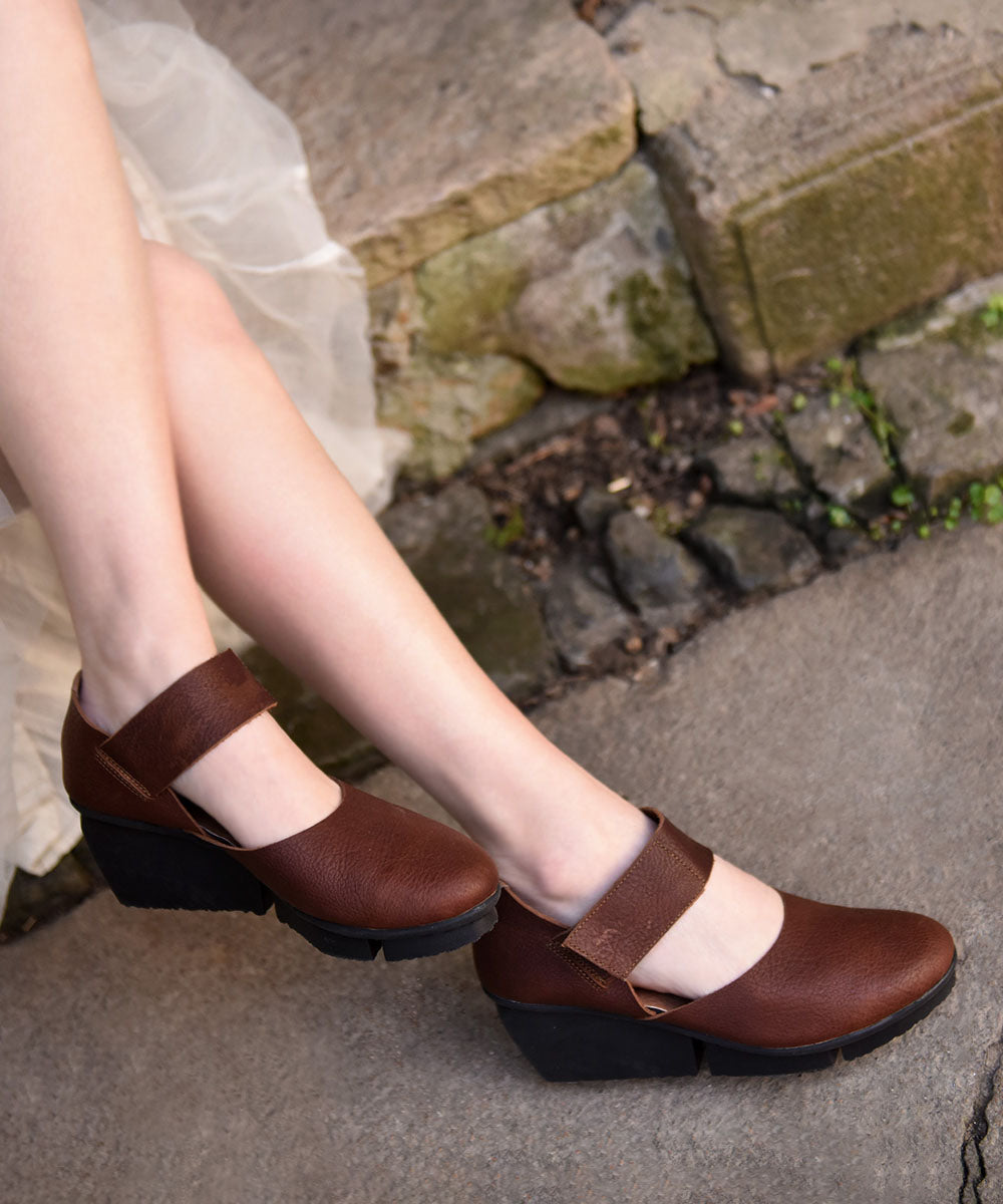 Coffee Cowhide Leather Buckle Strap Splicing Wedge Heels Sandals