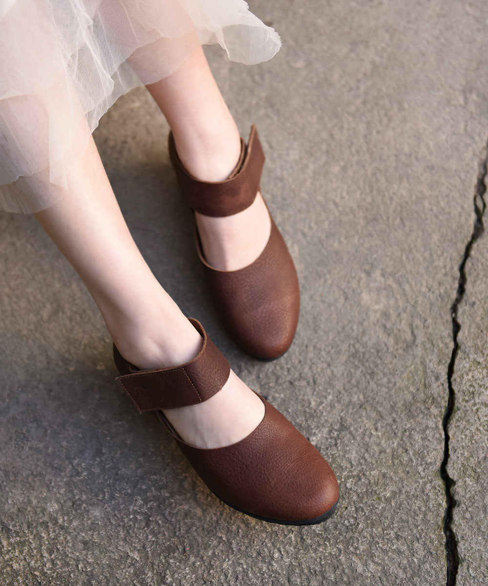 Coffee Cowhide Leather Buckle Strap Splicing Wedge Heels Sandals