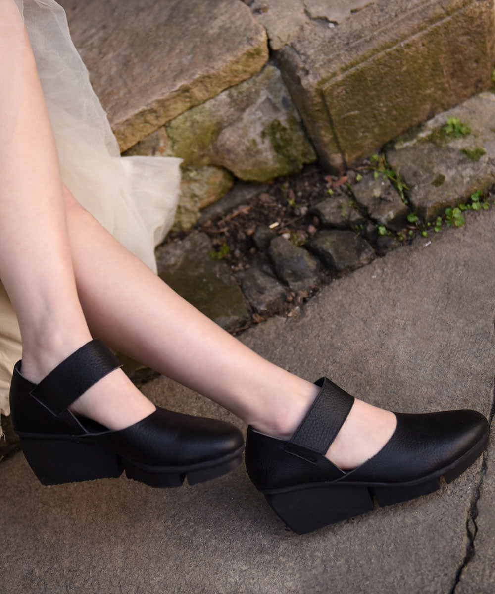 Coffee Cowhide Leather Buckle Strap Splicing Wedge Heels Sandals