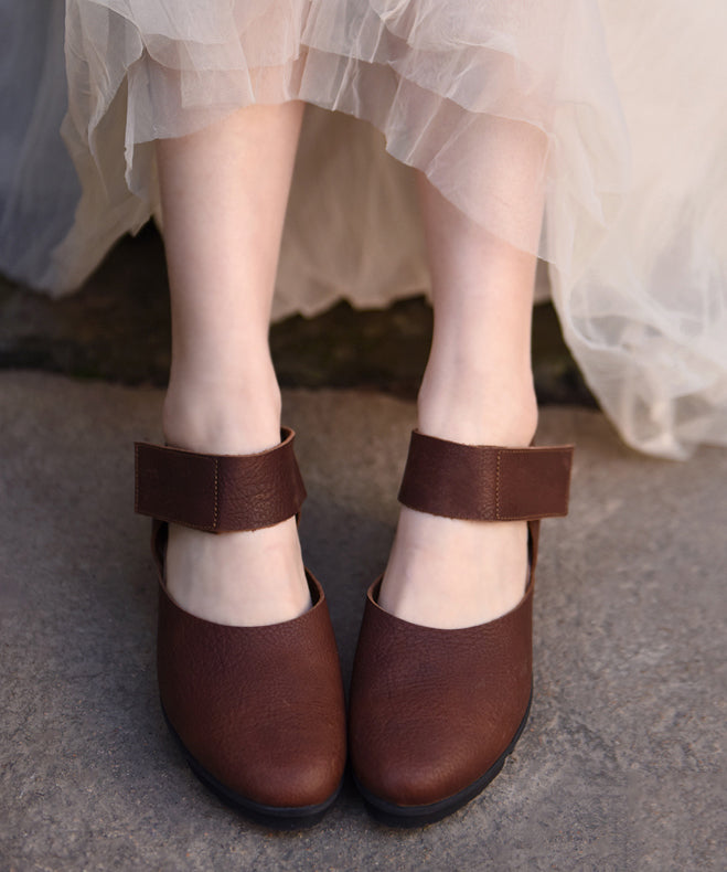 Coffee Cowhide Leather Buckle Strap Splicing Wedge Heels Sandals