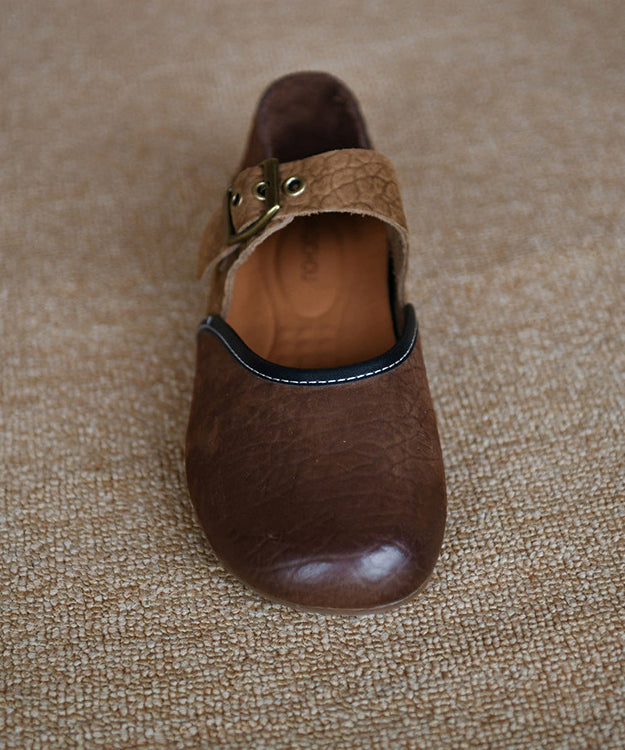 Coffee Cowhide Leather Women Splicing Flat Shoes